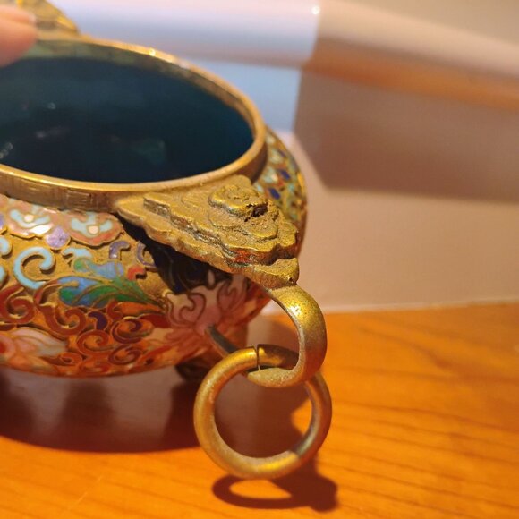 Vtg Large Chinese Cloisonné Brass Incense Burner Wood Stand Champleve Enamel - Picture 10 of 16